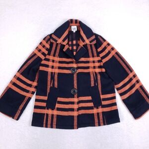 Luii Plaid Pea‎ Coat Size M Orange Navy Blue Academic Mod Short Jacket